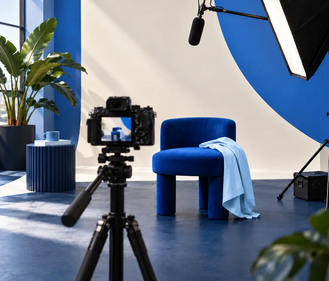 Set conceptual de grabación con cámara y sillón azul