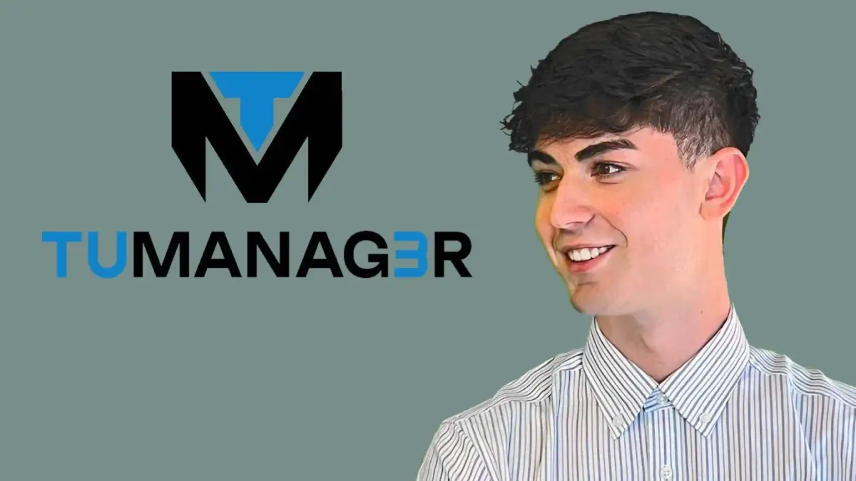 A young man beside the TuManag3r logo against a grey background