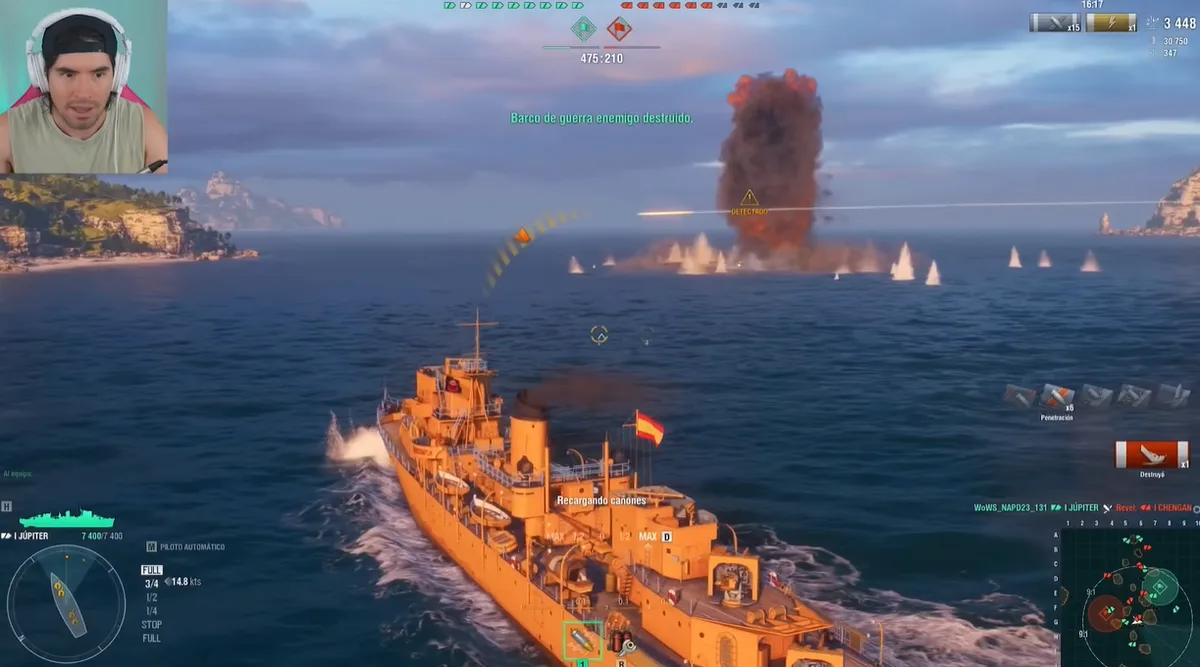 Partida naval con un barco en primer plano y un creador en un recuadro