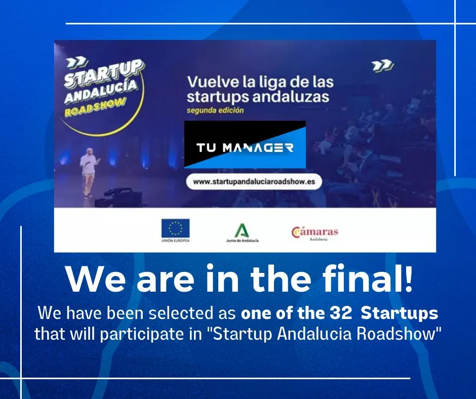 Gráfico de Startup Andalucía Roadshow que anuncia la selección de TuManag3r entre 32 empresas