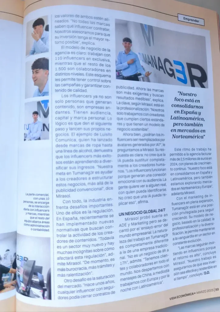 Inside page of Vida Económica with an article about TuManag3r