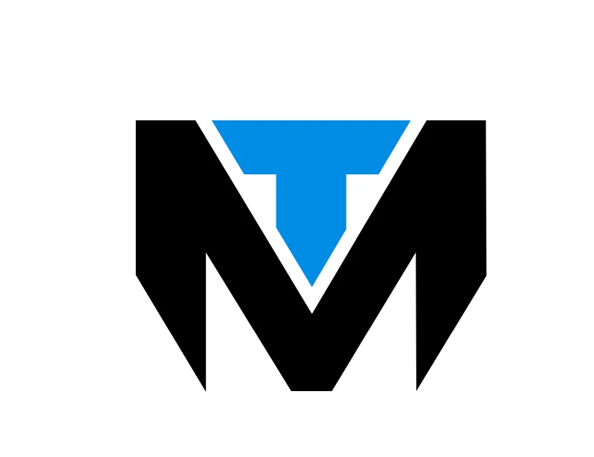 Black and blue TuManag3r monogram against a white background