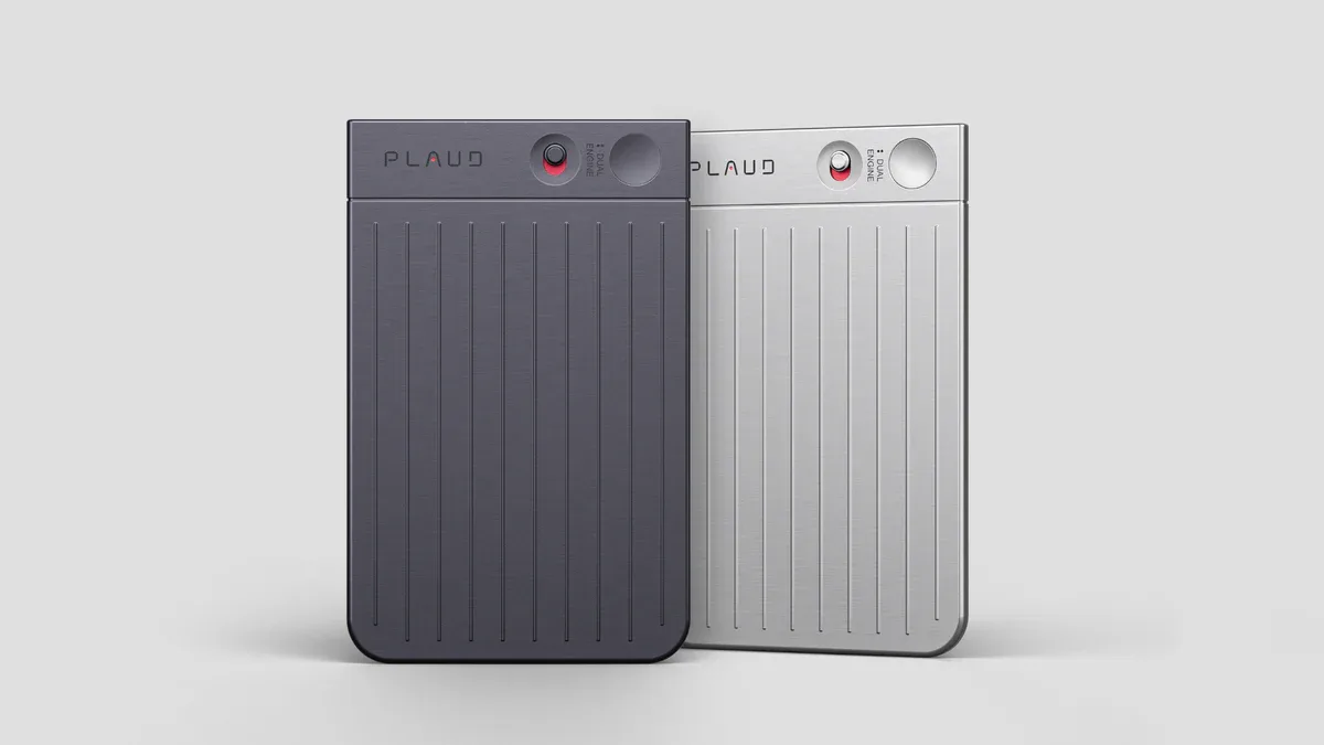 Two PLAUD AI devices, one black and one silver, against a grey background