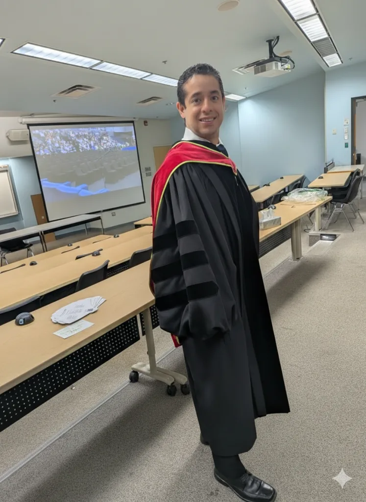 Man in academic robes in a classroom